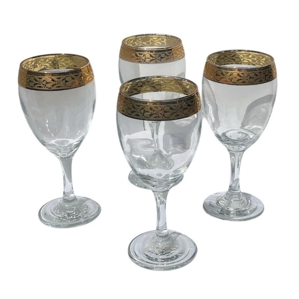 Vtg Crystal Wine Glasses w/ 24k Gold Filigree Set of 4 Tiffin Franciscan Style